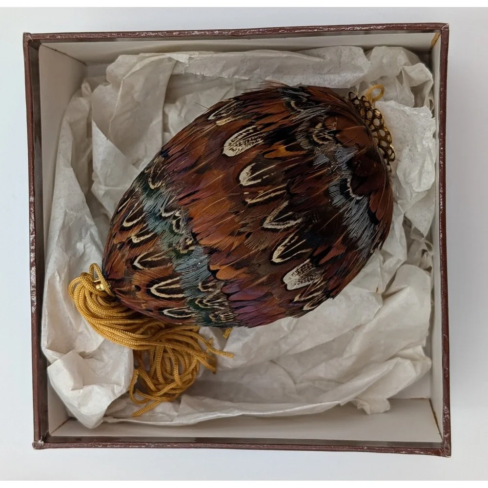 Pheasant Feather Egg Ornament with Gold Filigree and Tassel 7.5 Inch